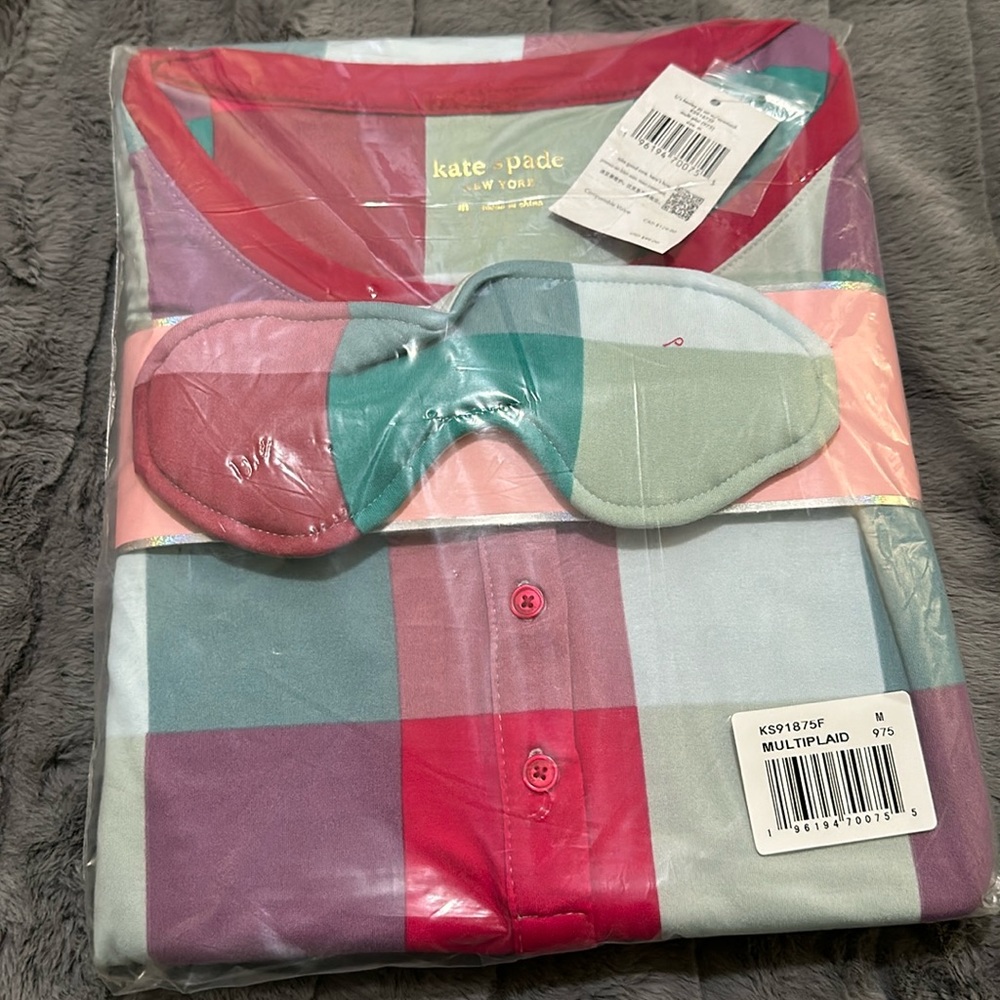 Kate Spade Plaid Long Sleeve Henley Jogger Pajama Set with Eye Mask Size Med NWT